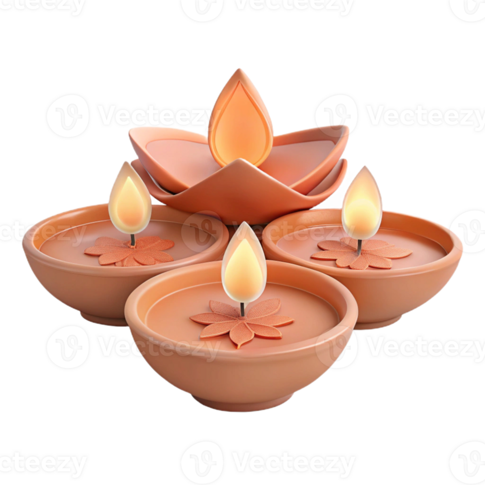 Four Candles with Flower Designs in Clay Diya png