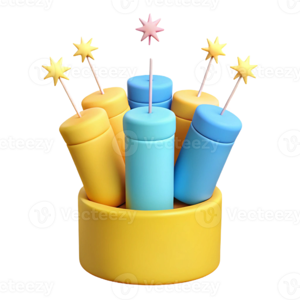 Colorful 3D Render of Fireworks in a Yellow Container png
