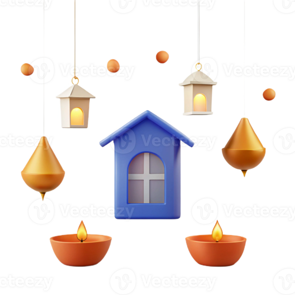 3D Render of a Blue House with Hanging Lanterns and Candles png
