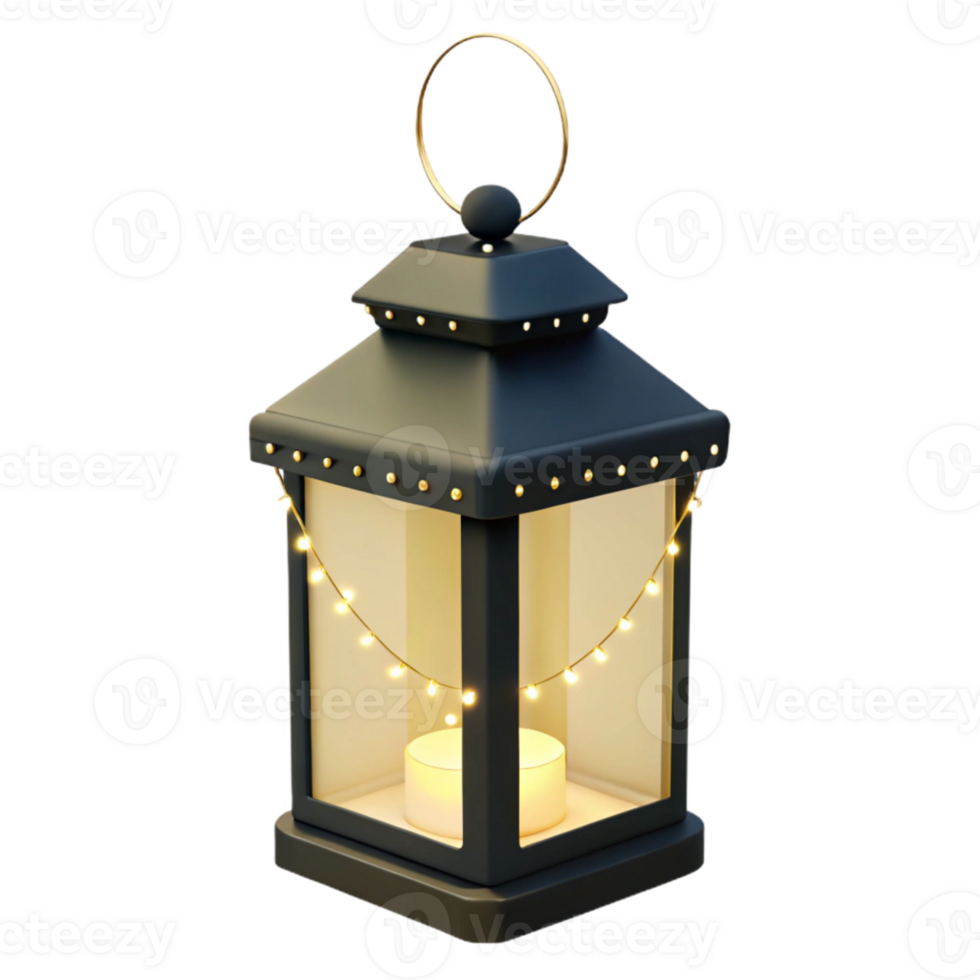 Black Lantern With Fairy Lights and Candle Inside png