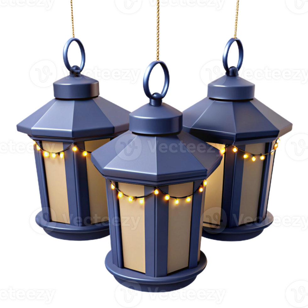 Three Hanging Lanterns with String Lights png
