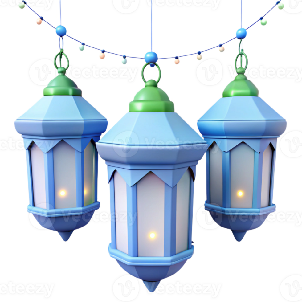 Three Lit Lanterns Hanging From String of Lights png