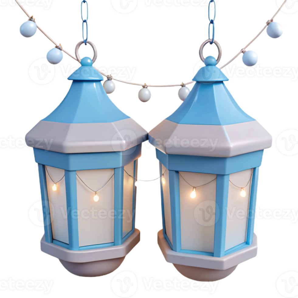 Pair of Blue Lanterns with String Lights png