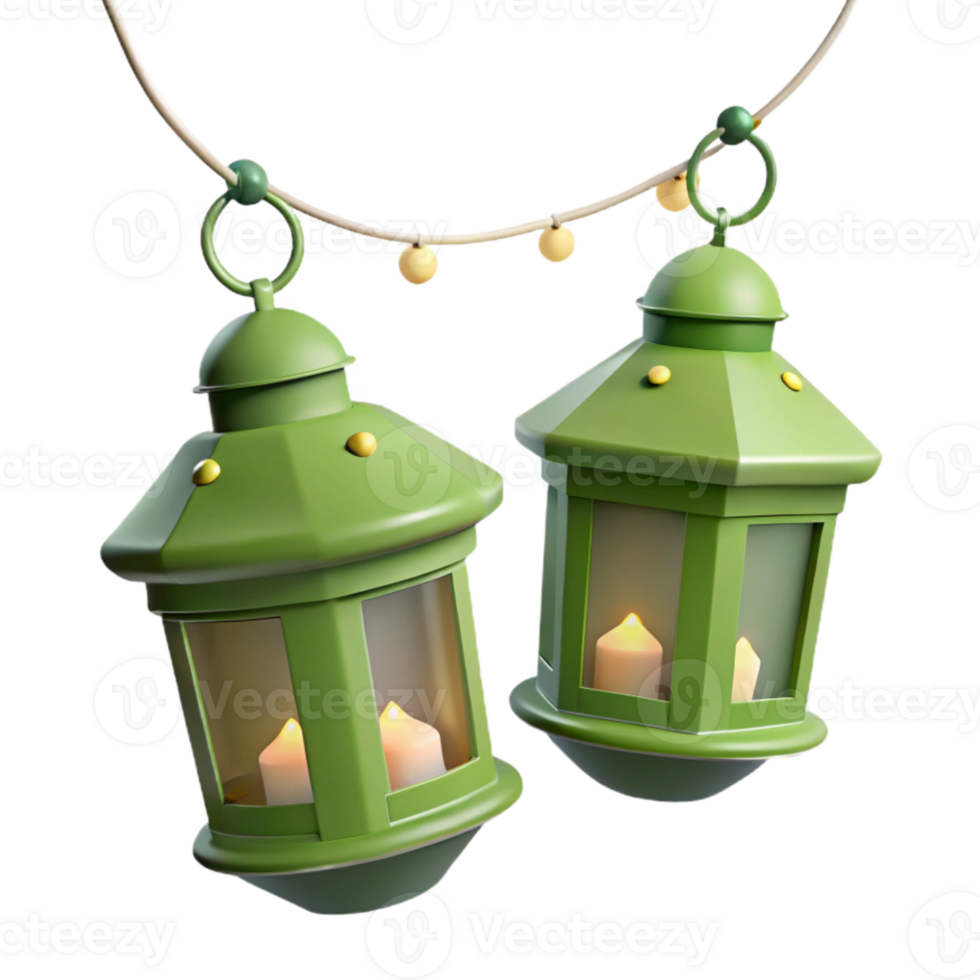 Green Lanterns with Candles Hanging from String of Lights png
