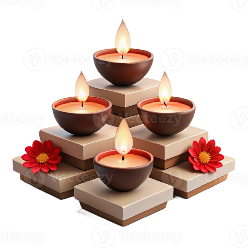 Four Burning Candles on a Stack of Square Platforms Decorated with Red Flowers png