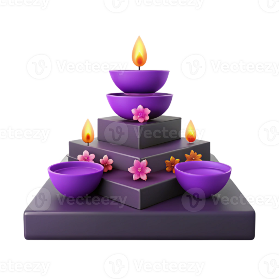 Purple Diya Lamps on a Pyramid Shaped Platform with Flowers png