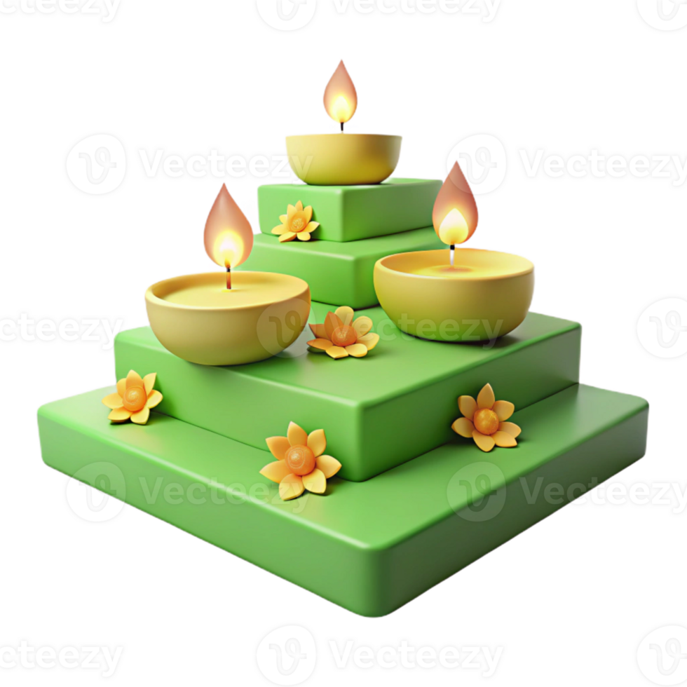 Three Burning Candles on Green Platform with Flowers png