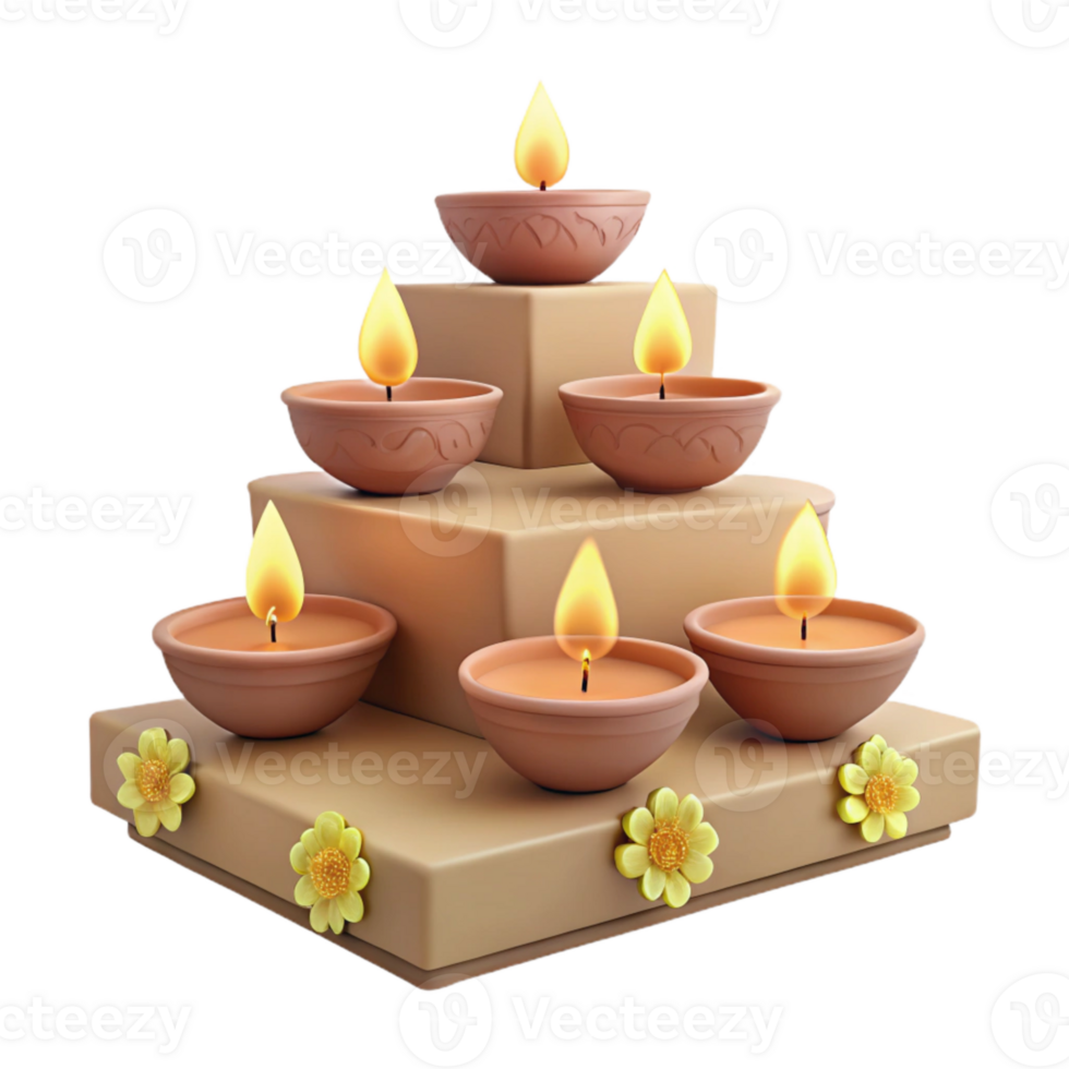 Pyramid of Clay Diya Lamps with Flames png