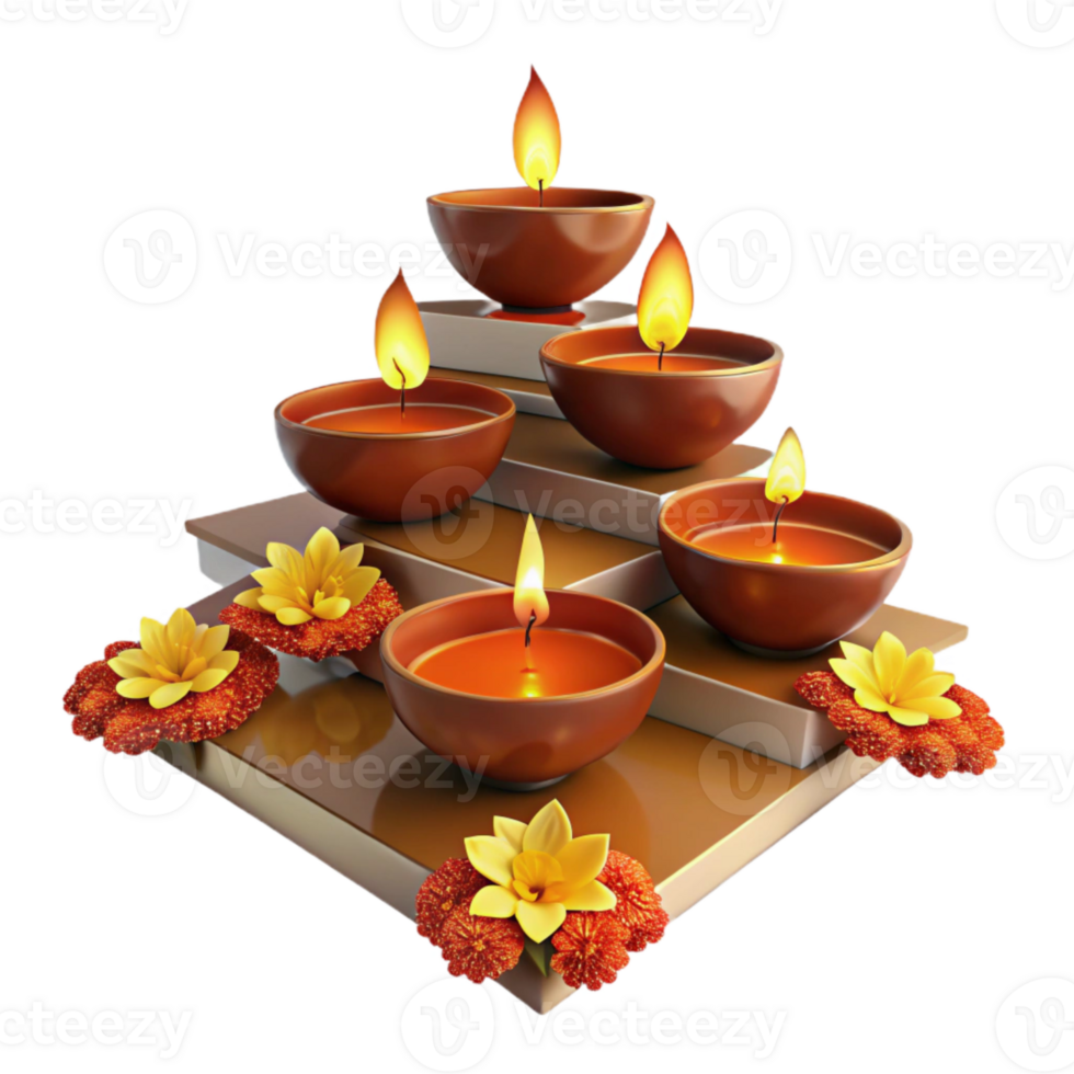 Five Lit Diyas Arranged in a Pyramid on a Wooden Platform png