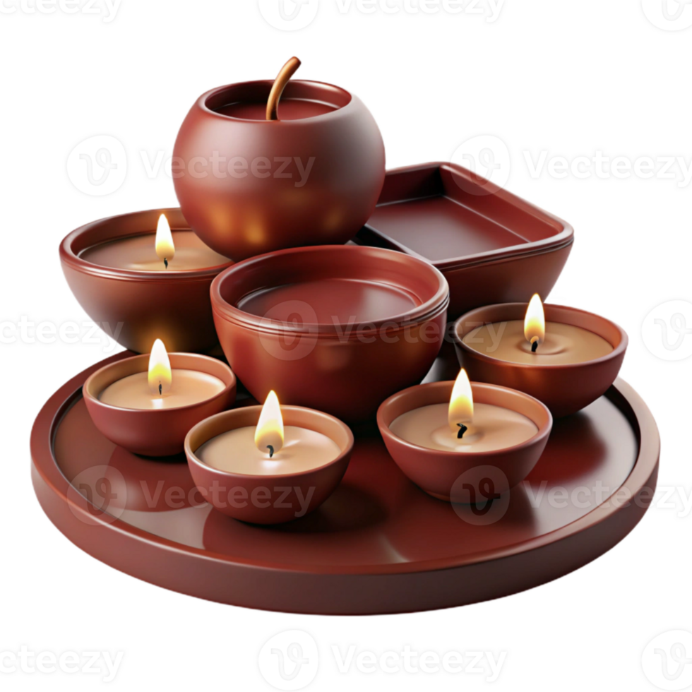 Arrangement of Burning Candles in Clay Bowls on Wooden Tray png