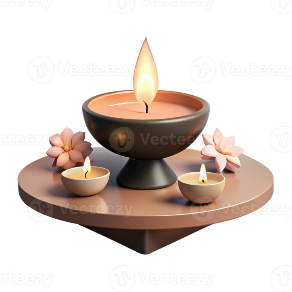 Three Candles and Two Flowers on a Wooden Tray png