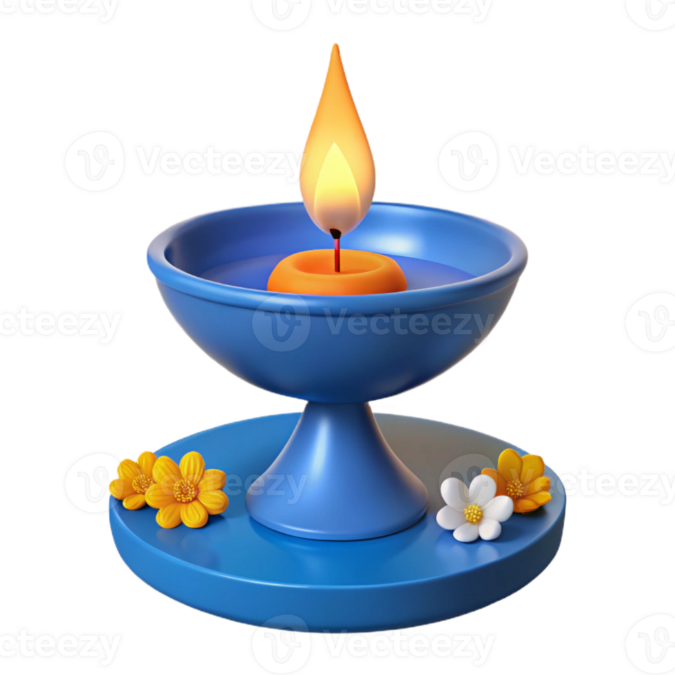 3D Render of a Lit Candle in a Blue Bowl with Flowers png