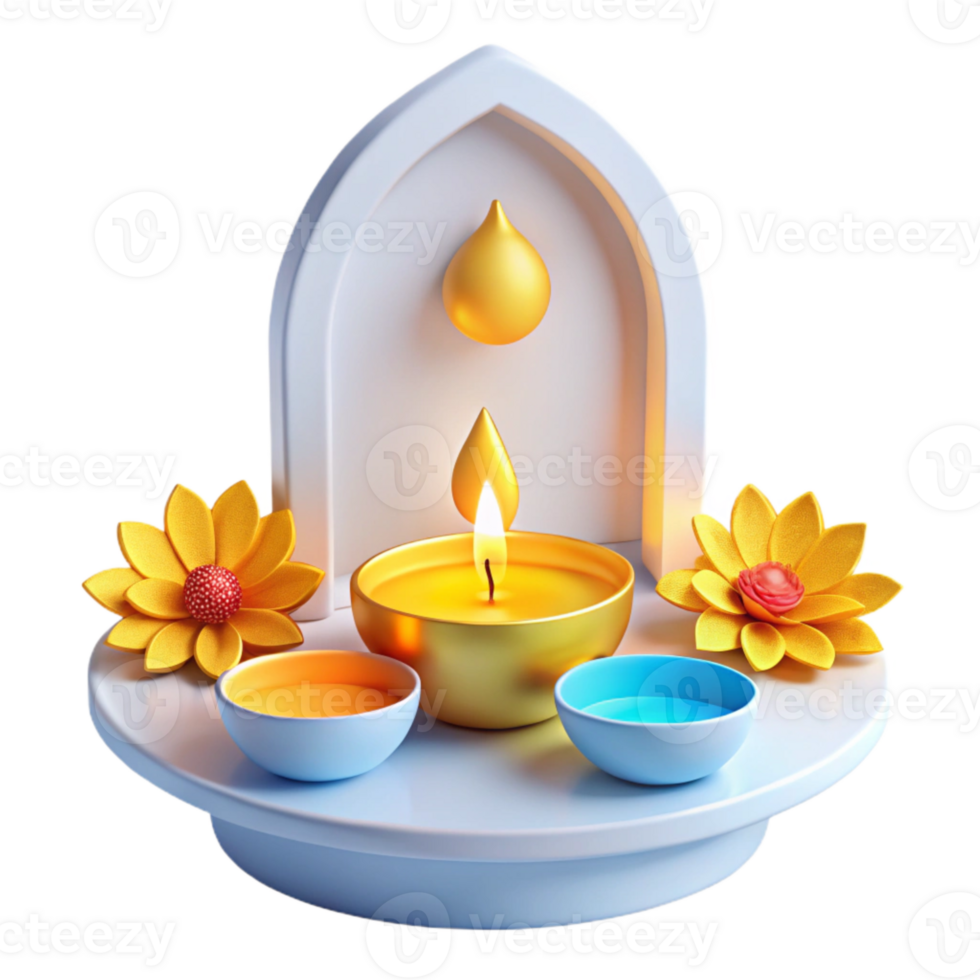 3D Render of a Simple Altar with a Lit Candle, Yellow Flowers, and Bowls png