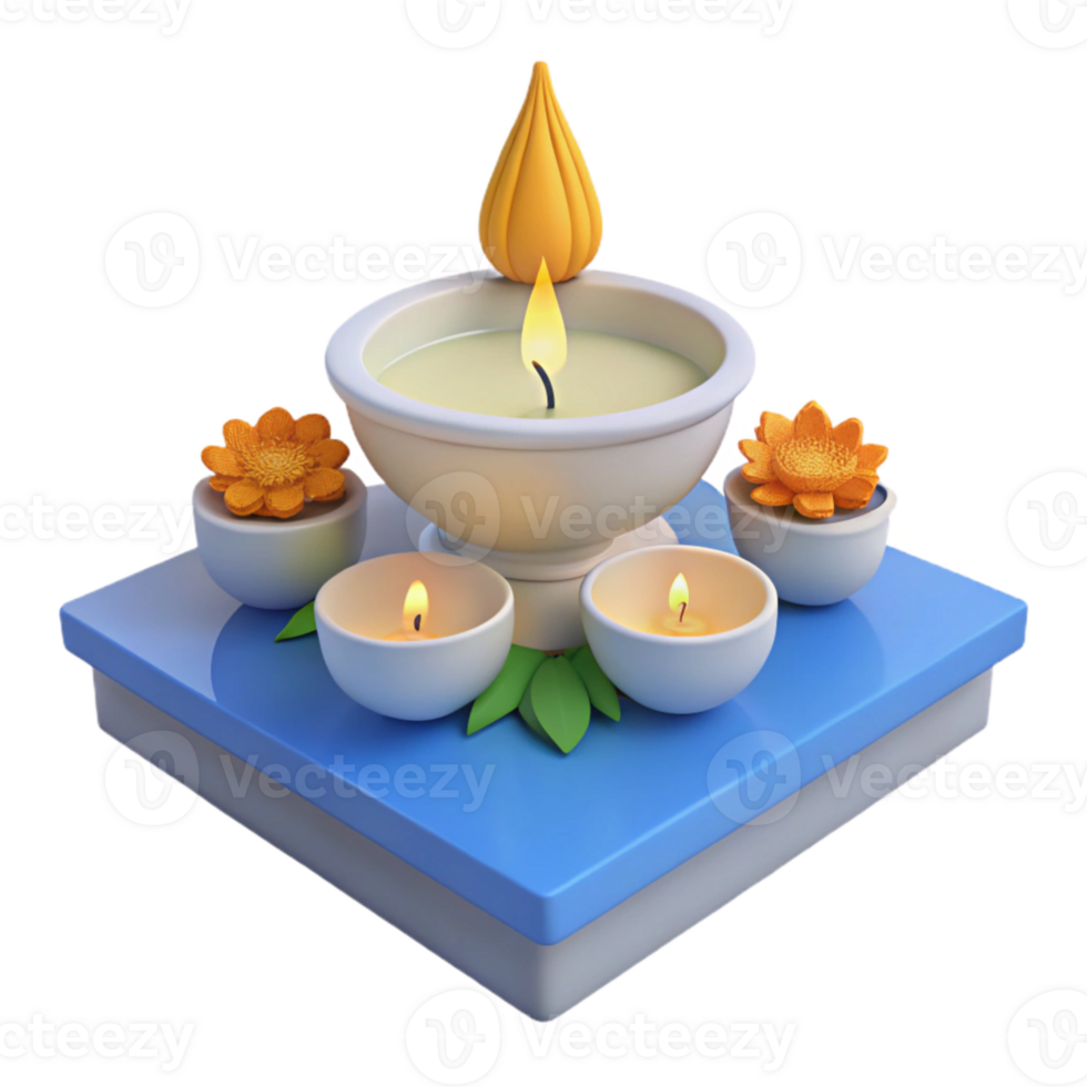 3D Render of Candles and Flowers on a Blue Square Base png