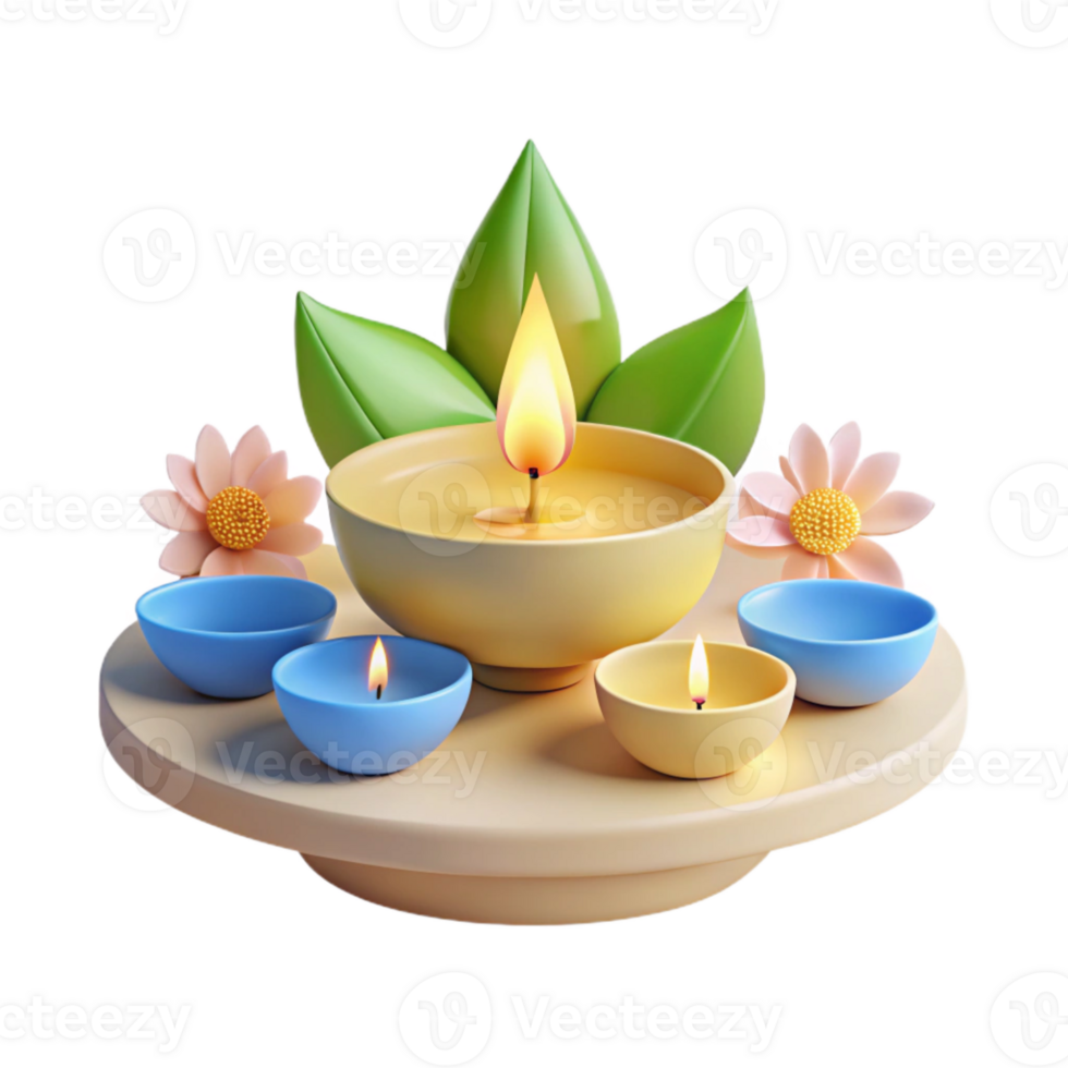 3D Rendering of Candles with Leaves and Flowers png