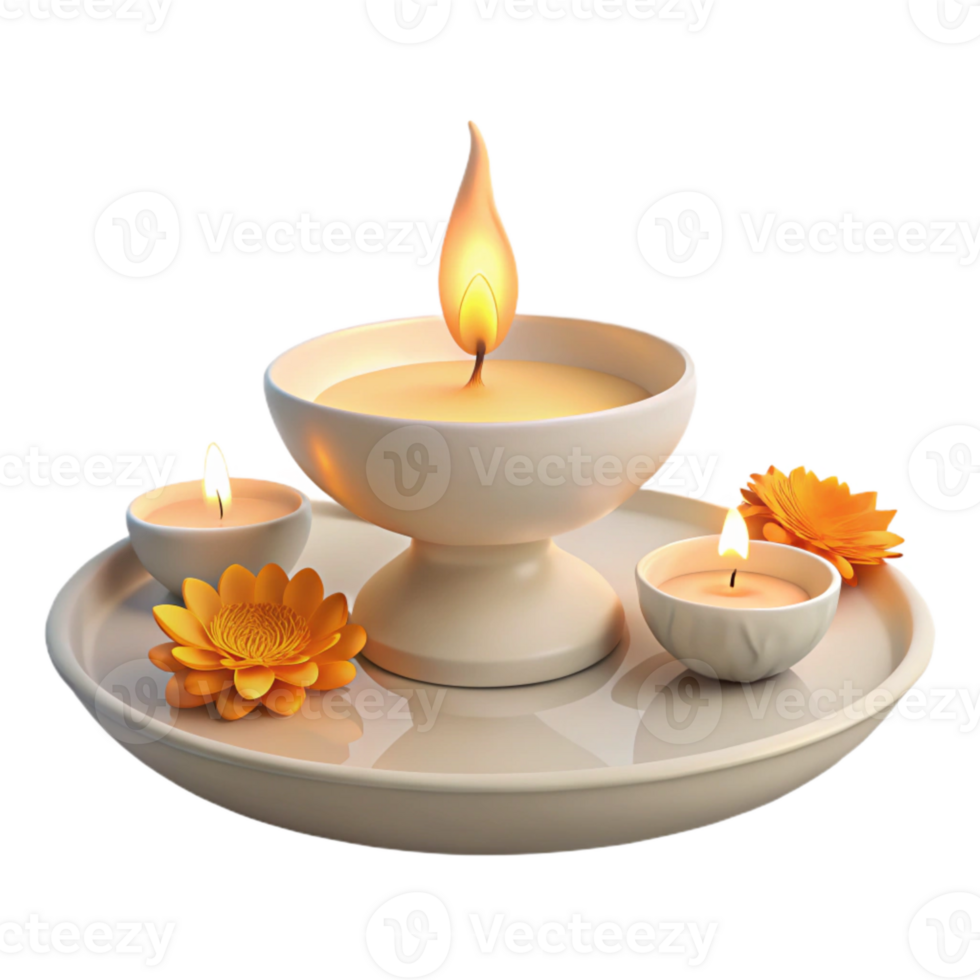 Three Burning Candles on a Tray with Flowers png