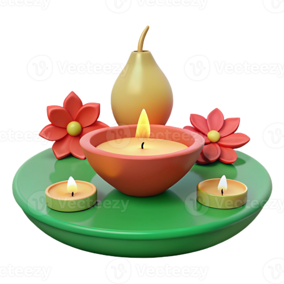 3D Rendered Candles, Flowers, and Vase on a Green Tray png