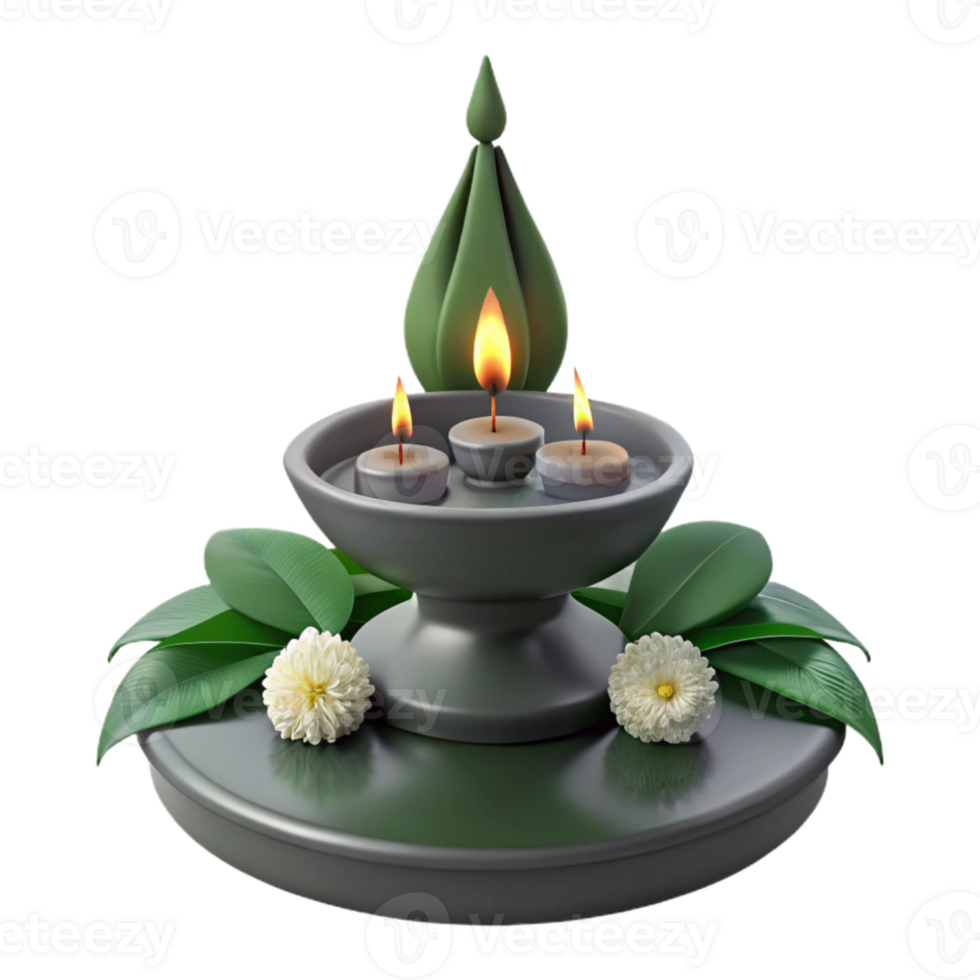 Three Candles on a Grey Stand with Green Leaves and White Flowers png