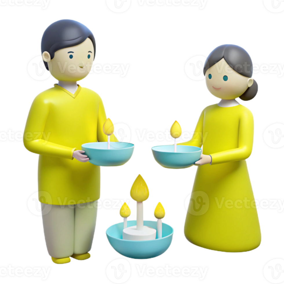 3D Illustration of Couple Holding Diyas, Celebrating Festive Season png
