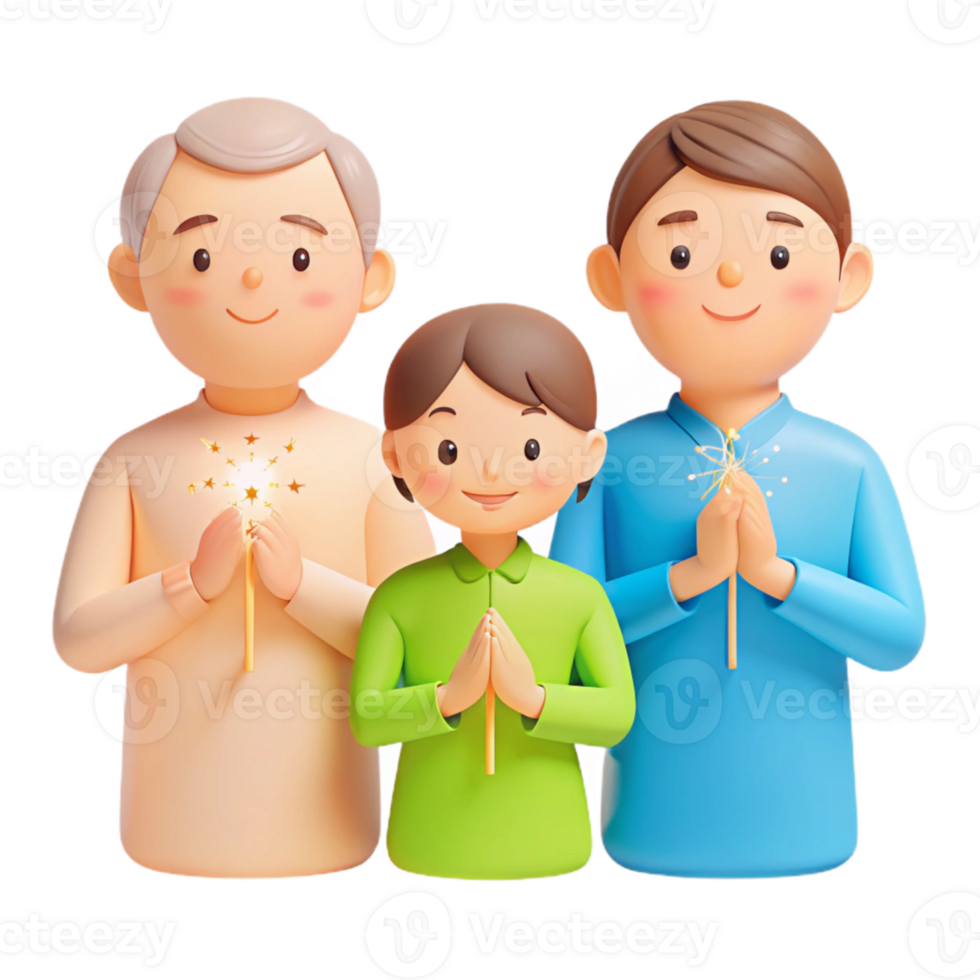 3D Cartoon Family Holding Sparklers png