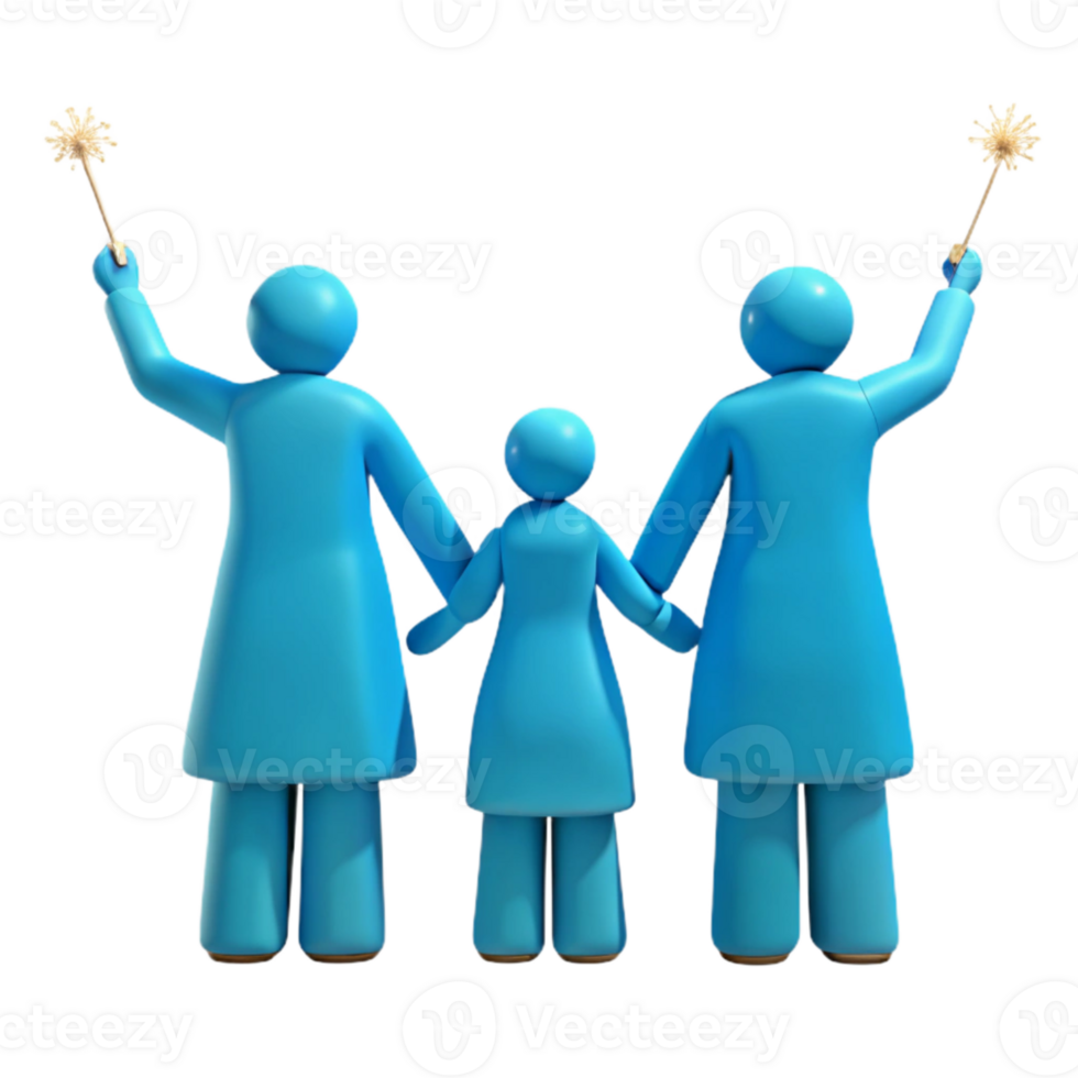 Three Blue Figures Holding Hands, Raising Sparkly Wands png