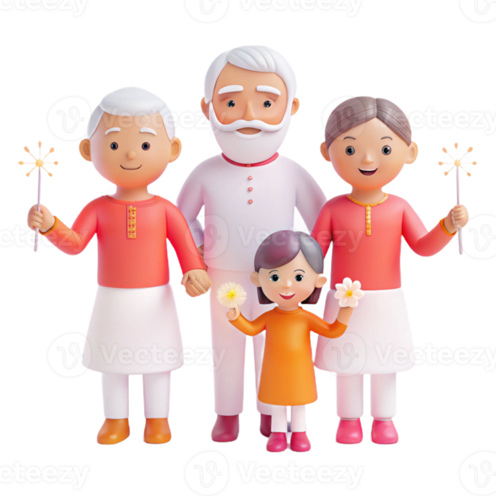 Happy Family of Four with Flowers in 3D Illustration png