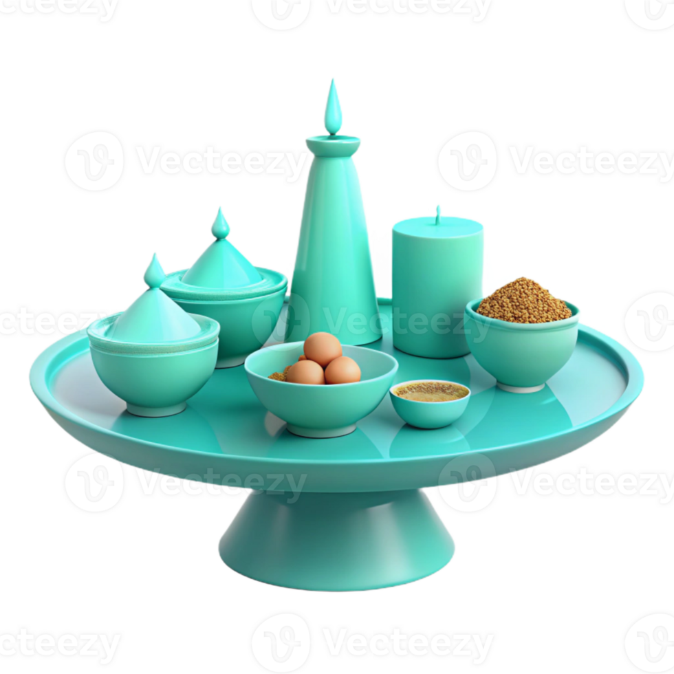Teal Ceramic Serving Tray with Various Bowls and Jars png