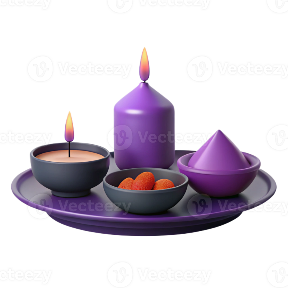 Purple Candle and Bowl Set on a Tray png