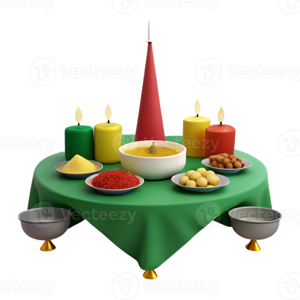 3D Rendered Tabletop with Candles, Bowl of Food, and Spices png