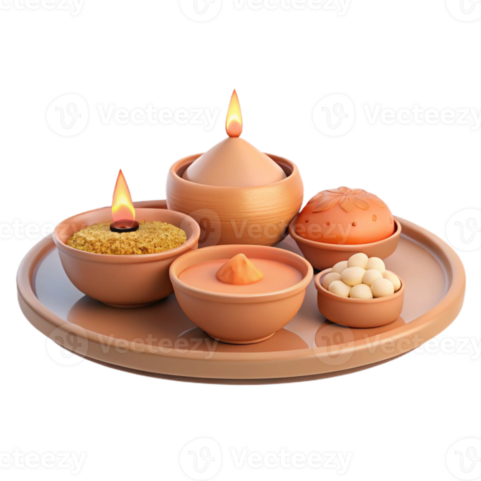 Clay Diya with Candles, Powder, and Round Objects on Tray png