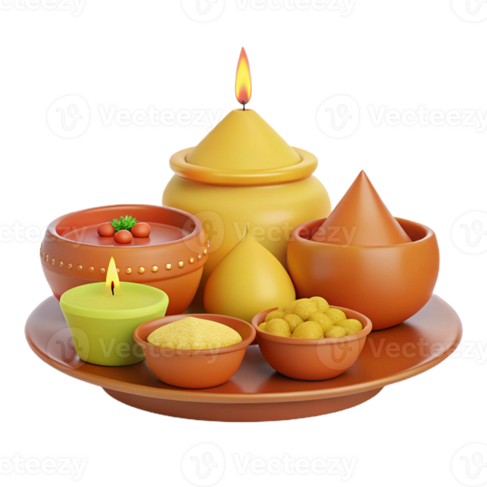 Clay Bowls with Candles and Gold Beads on a Tray png