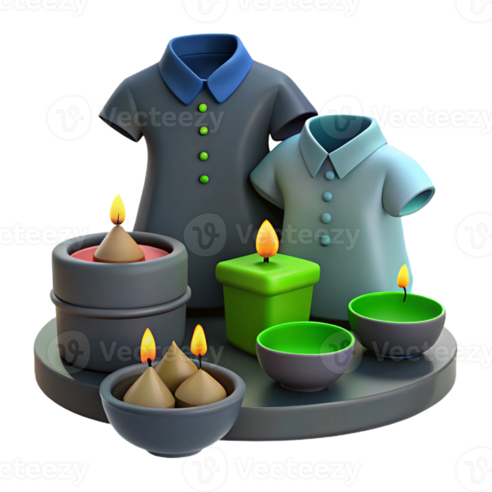 3D Rendered Scene with Candles, Bowls, and Shirts png