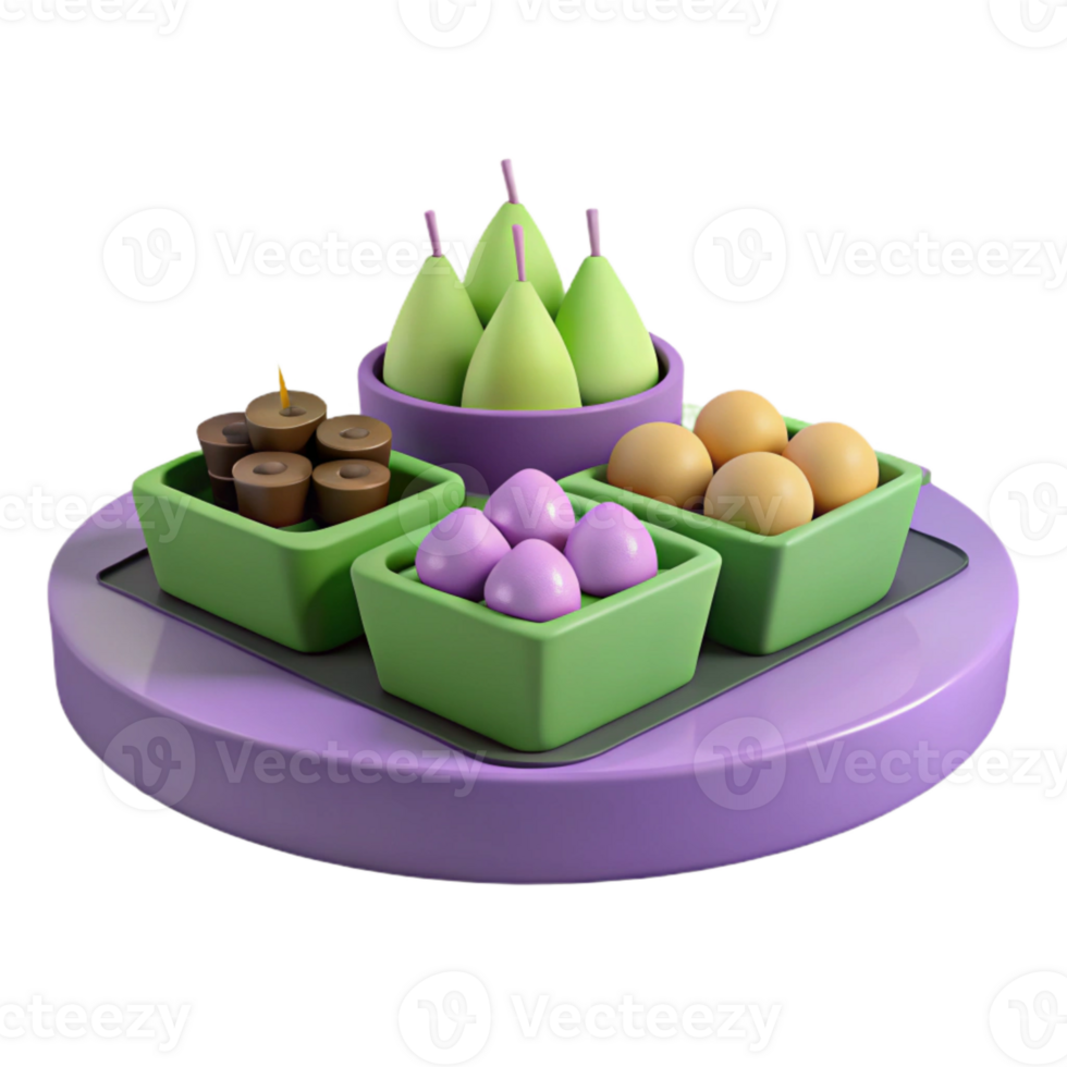 3D Render of a Purple Tray with Green Bowls Containing Fruit and Candy png