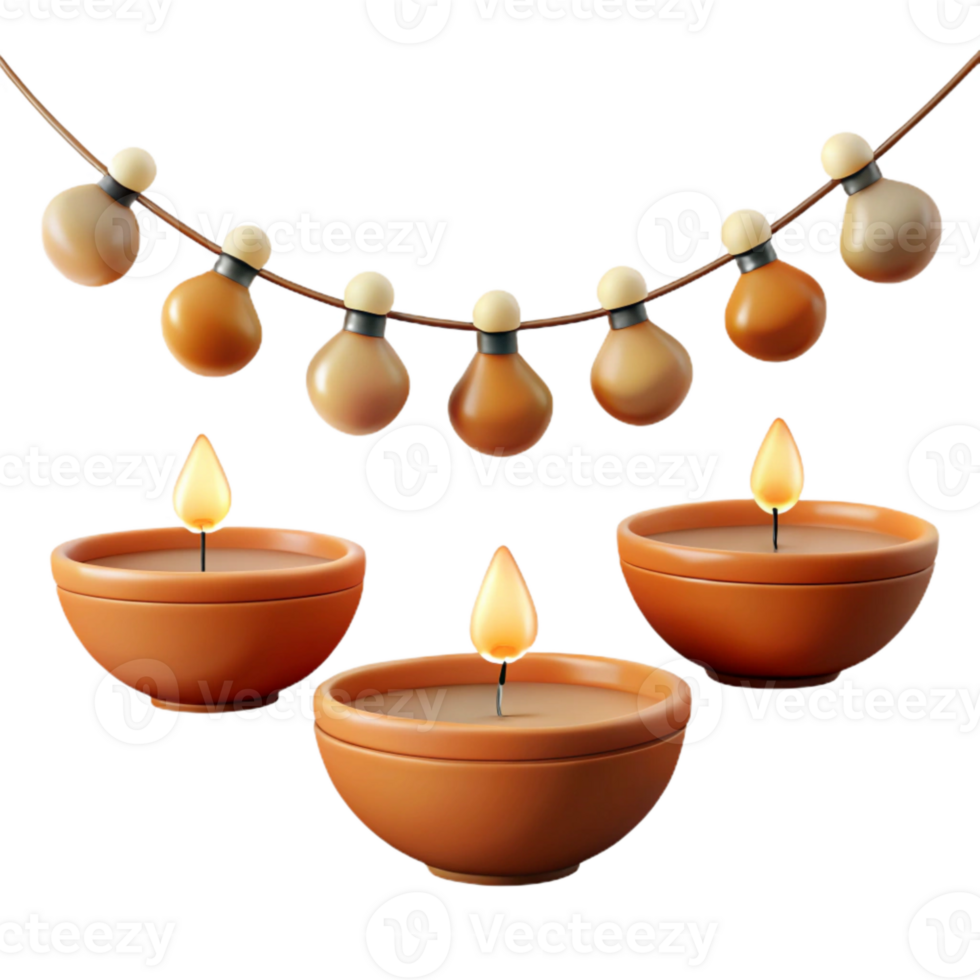 Illuminated Clay Diyas with a Festive Garland png
