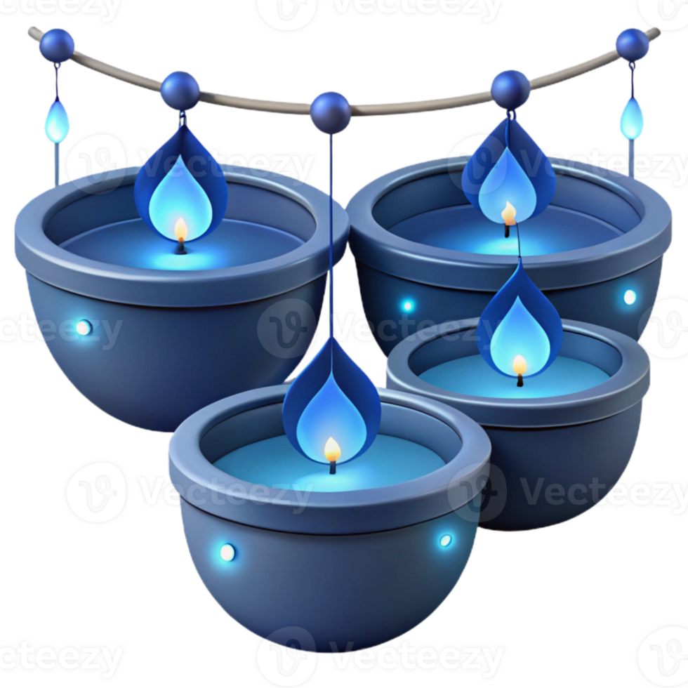Blue Candles in Bowls Hanging from a String png