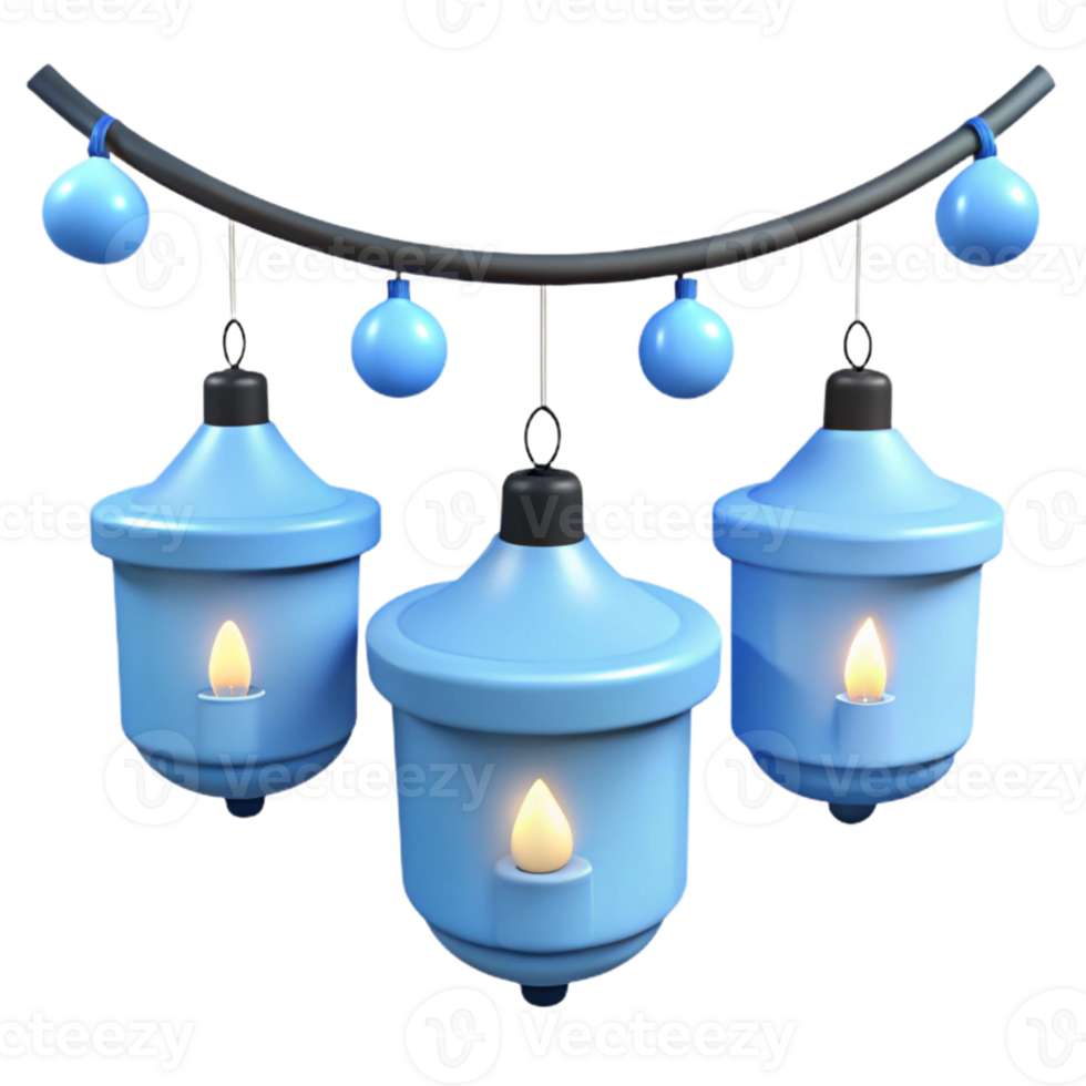 Blue Lanterns with Candles and Hanging Ornaments png