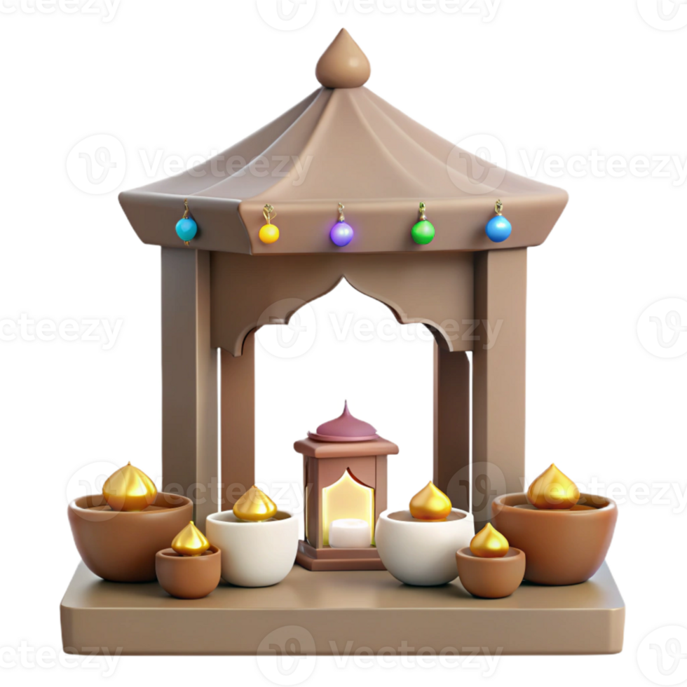 3D Render of a Small Religious Structure with Lanterns and Candles png