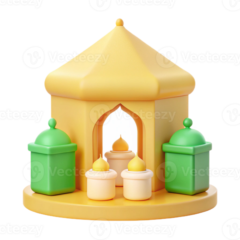 3D Render of a Yellow Structure with Candles and Green Containers png