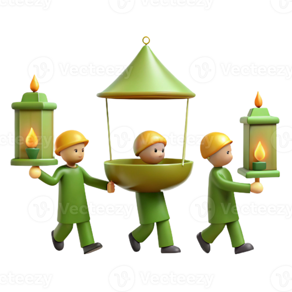 3D Cartoon Illustration of People Carrying Lanterns and a Hanging Lantern png