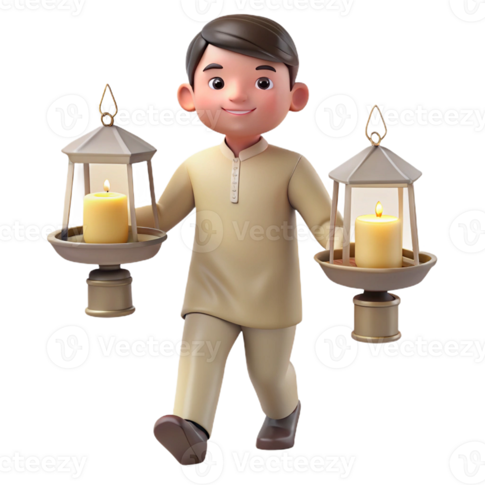 Smiling Boy Carrying Lanterns with Candles png