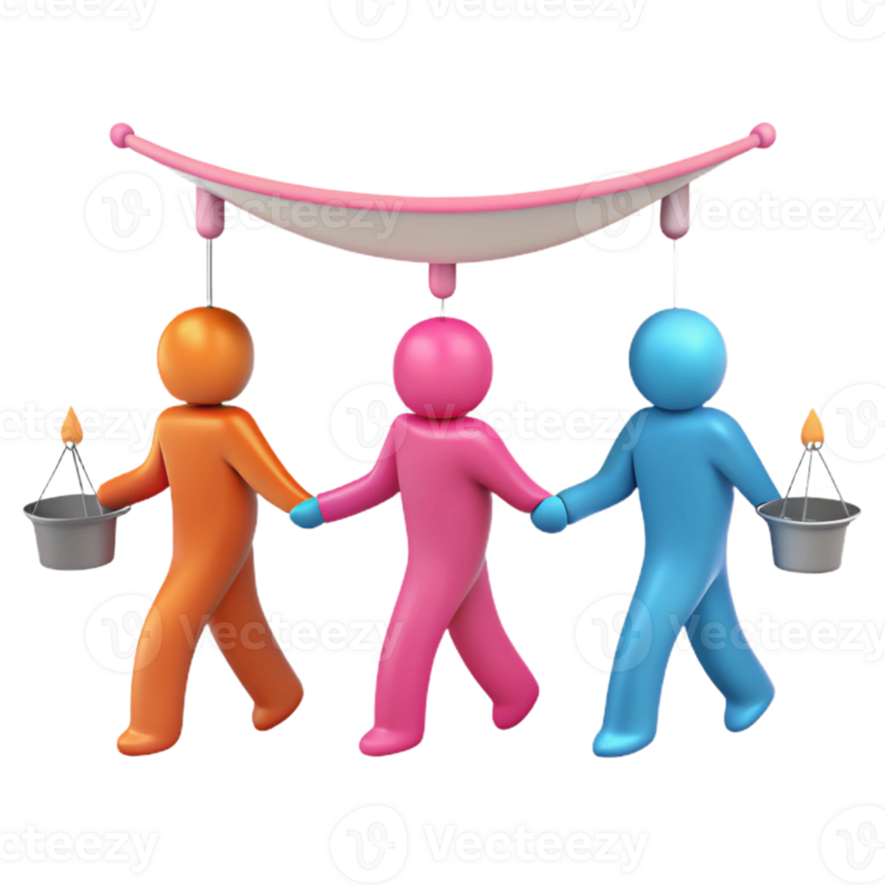 Three 3D Figures Holding Buckets and Walking Under a Hanging Object png