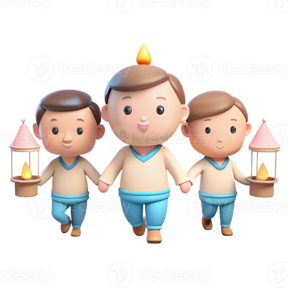 Three Cartoon Characters Holding Lanterns png