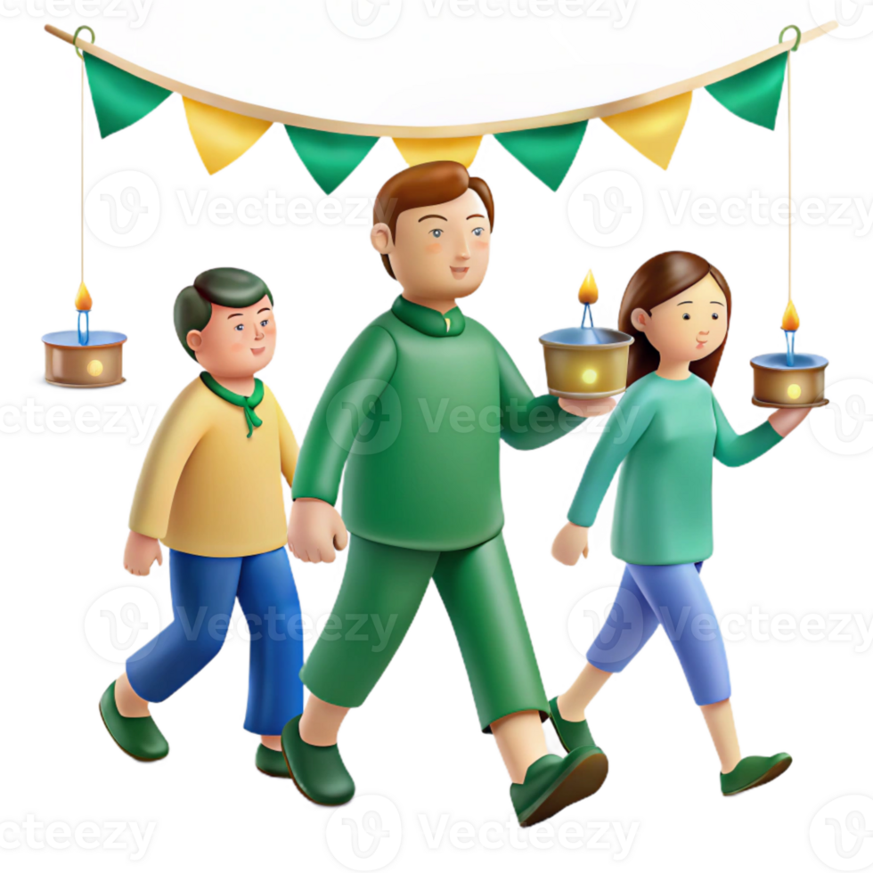 Family Walking with Lanterns Under Festive Decorations png