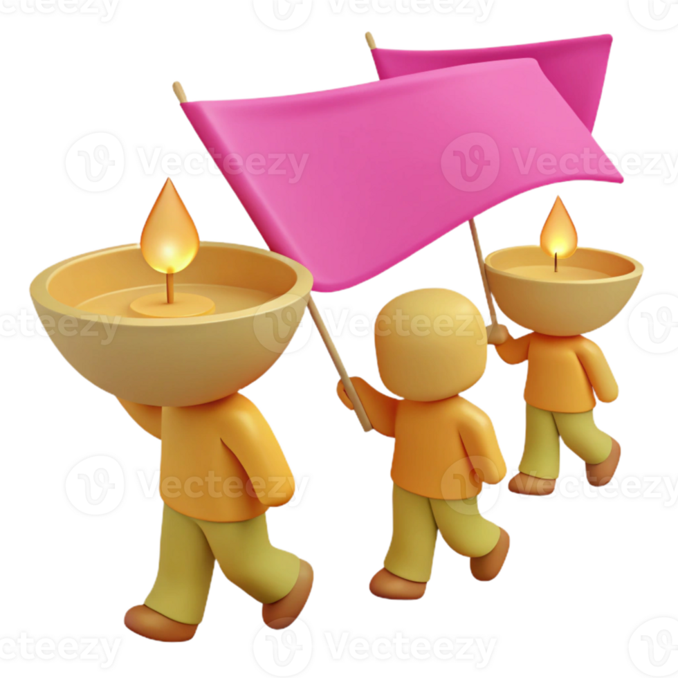 3D Illustration of Candle-Holding Figures Marching with Flags png