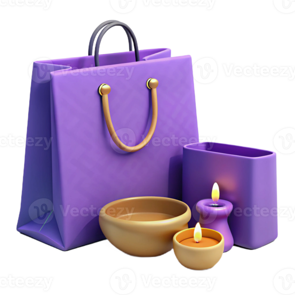 Purple Shopping Bag with Candles and Bowl png