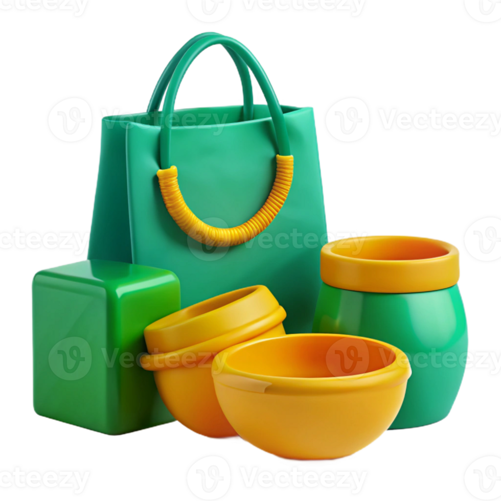Green Shopping Bag with Yellow Bowls and Cube png