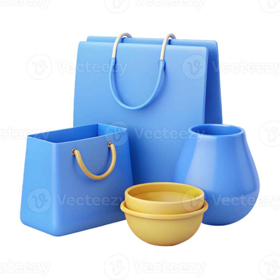 Blue Shopping Bags, Yellow Bowls, and a Blue Vase png