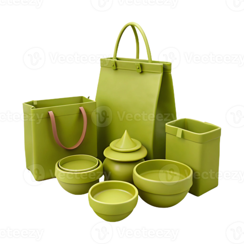 Green Shopping Bag and Bowls 3D Render png
