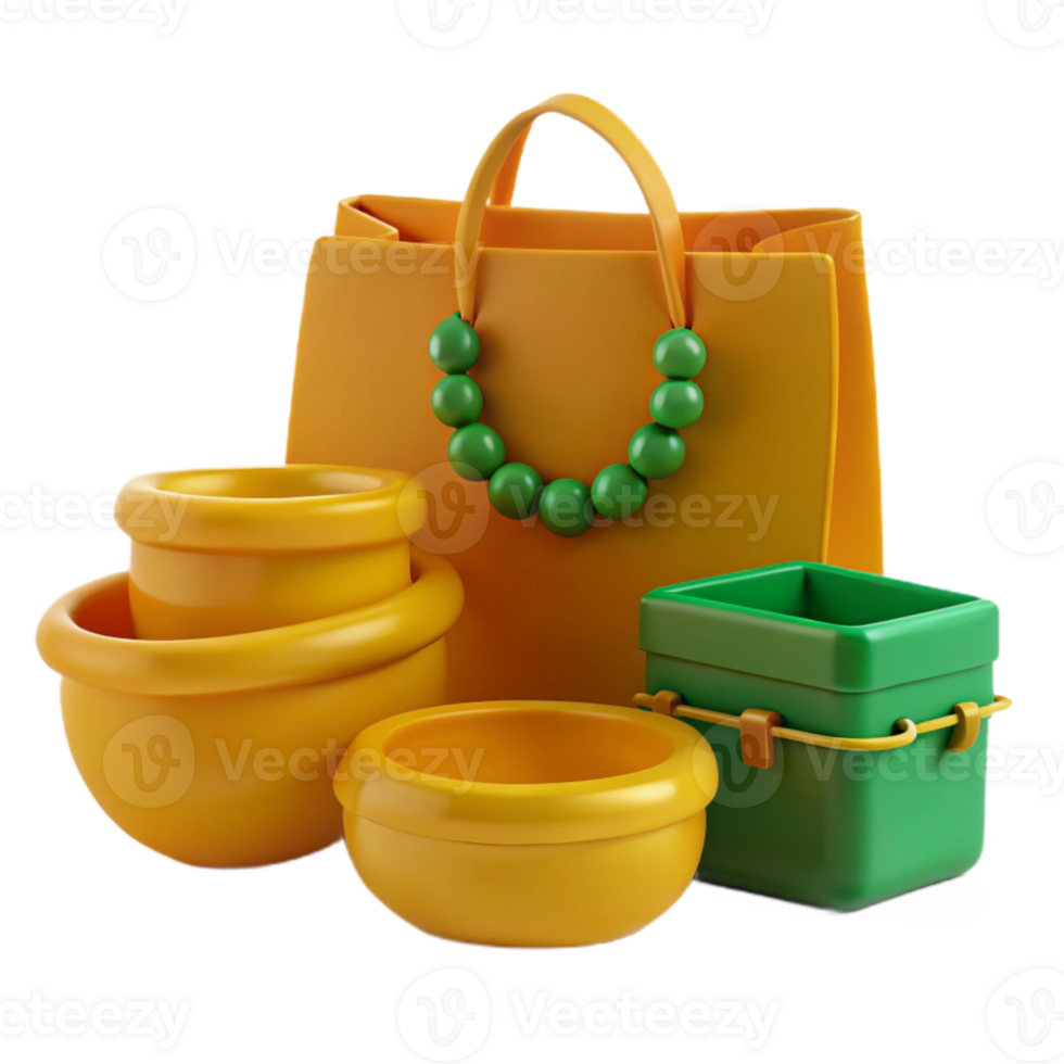 3D Render of a Yellow Shopping Bag, Bowls, and a Green Box png