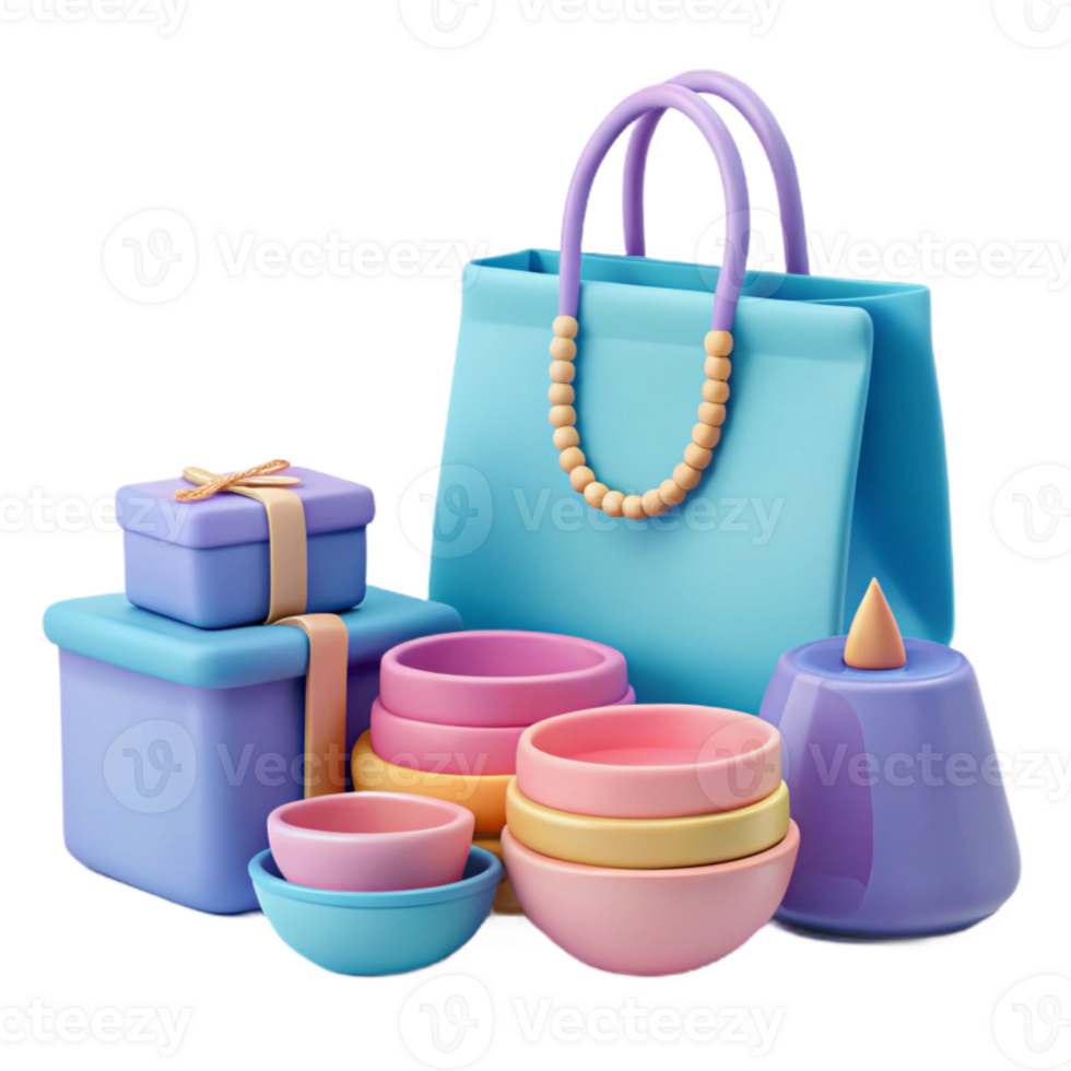 3D Rendered Illustration of Colorful Shopping Bag, Gift Boxes, and Bowls png